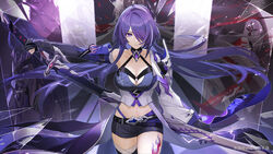  acheron_(honkai:_star_rail) black_choker black_gloves black_shorts body_markings boots breasts chains choker cleavage coat coattails detached_sleeves female glass_shards gloves hair_over_one_eye highres holding holding_sword holding_weapon honkai:_star_rail honkai_(series) leg_tattoo long_hair midriff multicolored_hair navel official_alternate_color pingdiguo purple_eyes purple_hair sheath short_shorts shorts single_bare_shoulder solo stomach streaked_hair sword tattoo thigh_boots unsheathing weapon white_coat white_hair 