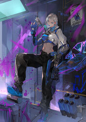  asymmetrical_gloves black_gloves black_pants blue_footwear blue_gloves blue_jacket breasts cropped_jacket earrings female gloves head_tilt hela_(high_energy_heroes) high_energy_heroes highres jacket jewelry looking_at_viewer medium_breasts midriff mismatched_gloves navel pants partially_fingerless_gloves shoes smile smoke_grenade sneakers solo tang_qi_zang throwing undercut wanted white_jacket 