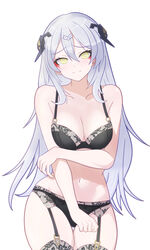  absurdres arm_under_breasts belt black_belt black_panties black_thighhighs bra breasts cleavage closed_mouth collarbone commentary cowboy_shot english_commentary eyeshadow female garter_belt gilijim girls&#039;_frontline hair_between_eyes hairpods highres lace-trimmed_bra lace-trimmed_garter_belt lace-trimmed_thighhighs lace_trim lingerie long_hair looking_at_viewer makeup medium_breasts navel panties red_eyeshadow simple_background solo tareus_(girls&#039;_frontline) thighhighs underwear white_background white_hair yellow_eyes 