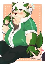  anthro bandana belly blush canid canine canis clothing domestic_dog duo embarrassed eyebrows fur green_body green_eyes green_fur hand_holding hara_hara_surum headkerchief heart_symbol hi_res human jacket kemono kerchief lifewonders live_a_hero male mammal mokdai overweight shy sitting thick_eyebrows topwear white_headkerchief white_kerchief 