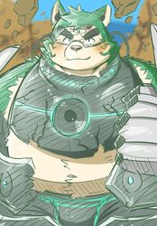  anthro armor belly blush canid canine canis damaged_armor domestic_dog eyebrows eyewear fur goggles green_body green_fur hi_res lifewonders live_a_hero male mammal mokdai navel overweight puss3250 solo superhero thick_eyebrows 