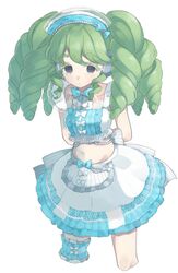  apron arms_behind_back bad_id bad_twitter_id bikini blue_bow blue_skirt bow center_frills closed_mouth colored_eyelashes commentary_request cowboy_shot cropped_legs falulu female frilled_skirt frills green_hair grey_eyes headphones highres idol_clothes inactive_account long_hair looking_at_viewer maid maid_bikini maid_headdress multicolored_clothes multicolored_skirt navel pretty_series pripara shiyurinpu sidelocks simple_background skirt solo standing summer_maid_coord swimsuit twintails unconventional_maid waist_apron white_background 