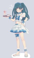  ankle_cuffs apron bad_id bad_twitter_id blue_eyes blue_skirt blunt_bangs blunt_ends bow_choker center_frills closed_mouth coffee commentary_request crop_top cup female frilled_cuffs frilled_skirt frills frown full_body green_hair grey_background hand_on_own_hip highres holding holding_tray inactive_account long_hair looking_at_viewer maid maid_headdress multicolored_clothes multicolored_skirt navel parfait platform_footwear pretty_series pripara sandals shiyurinpu simple_background skirt solo standing summer_maid_coord teacup tray tsukikawa_chili two_side_up unconventional_maid waist_apron wrist_cuffs 