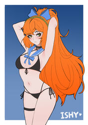  absurdres adjusting_hair bikini black_bikini blue_background blue_bow border bow breasts character_name criss-cross_halter female freckles green_eyes halterneck highres ishmael_(project_moon) limbus_company navel orange_hair pendramon ponytail project_moon sailor_collar solo swimsuit thigh_strap white_border 