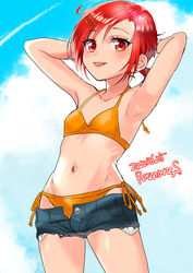  2022 armpits arms_behind_back artist_name bikini blue_sky breasts cloud cloudy_sky commentary_request dated female highres hino_akane_(smile_precure!) precure red_eyes red_hair satou_ramune shorts sky smile_precure swimsuit 