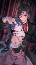  2boys absurdres black_gloves black_hair black_suit blue_eyes blue_hair bound bound_wrists bow bowtie ciel_phantomhive ciel_phantomhive_(robin_dress) closed_mouth crossdressing dark_blue_hair dress earrings elbow_gloves flat_chest flower frilled_dress frills gloves glowing glowing_eye hair_between_eyes hand_tattoo heterochromia highres jewelry kuroshitsuji long_hair magic_circle male_focus multiple_boys otoko_no_ko pink_dress pink_flower purple_eyes red_eyes red_scarf scarf sebastian_michaelis short_hair single_glove smile strapless strapless_dress suit tattoo teeth twintails white_bow white_bowtie white_gloves yaoi yisuan23 