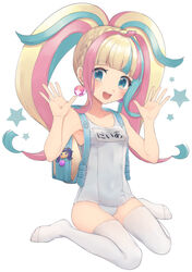  :d ahoge backpack bad_id bad_twitter_id bag bag_charm bare_shoulders blonde_hair blue_bag blue_eyes blue_hair blunt_bangs blush braid breasts character_charm charm_(object) commentary_request covered_navel crown_braid daia_(pri_chan) earrings female full_body hands_up highres inactive_account jewelry kiratto_pri_chan kuro_daia_(pri_chan) long_hair looking_at_viewer multicolored_hair name_tag no_shoes old_school_swimsuit one-piece_swimsuit open_hands open_mouth pink_hair pretty_series randoseru school_swimsuit shiyurinpu sidelocks simple_background sitting small_breasts smile solo star_(symbol) streaked_hair swimsuit thighhighs twintails very_long_hair wariza white_one-piece_swimsuit white_thighhighs 