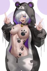  angel_(kof) animal_costume animal_ears animal_hood animal_print arc2urus bear_costume bear_ears bear_hood bear_pajamas bear_print blue_eyes breasts cleavage collarbone fake_animal_ears female hair_over_one_eye hair_through_hood highres hood hood_up hooded_pajamas horns_pose index_fingers_raised large_breasts long_sleeves looking_at_viewer midriff navel no_bra no_panties onesie open_clothes open_mouth open_pajamas pajamas paw_pasties short_hair smile snk solo the_king_of_fighters toned toned_female two-tone_pajamas underwear unzipped white_hair 