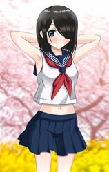  absurdres armpits arms_behind_head arms_up black_hair black_skirt blue_eyes blurry blurry_background cherry_blossoms day female hair_over_one_eye highres kiniro_tofu midriff navel neckerchief necktie original outdoors pleated_skirt red_neckerchief red_necktie school_uniform serafuku shirt skirt sleeveless sleeveless_shirt smile standing 