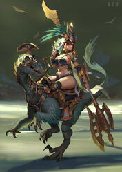  absurdres armor axe bandages barefoot battle_axe bikini_armor bracelet breasts brown_hair character_request commentary_request dark_skin dinosaur dinosaur_riding feathered_dinosaur feathers female gauntlets greaves headdress highres jewelry large_breasts maya_(culture) mayan_mythology navel original partially_feathered_tail pterosaur raptor red_eyes riding saddle serious talons traditional_clothes tribal weapon xzu 