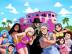  4boys 4girls abs absurdres allan_(barbie) bag bandeau barbenheimer_(meme) barbie_(character) barbie_(franchise) barbie_(live_action) bare_shoulders black_hair black_headwear black_necktie blonde_hair blue_hair blue_pants blue_sky blue_vest brown_hair character_request collared_shirt cowboy_shot dark-skinned_female dark_skin day double_v dress green_tank_top grey_shirt hairband hand_on_own_hip highres house jewelry julius_robert_oppenheimer ken_(barbie) leaf looking_at_viewer meme midriff multiple_boys multiple_girls navel necklace necktie one_eye_closed oppenheimer_(movie) outdoors pants parted_lips pink_dress pink_hairband shirt shoulder_bag sky smile tank_top tina_fate tree v vest yellow_bag 