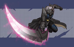  2020 5_fingers anthro armor biped bitttdt black_armor blade canid canine canis clothing fingers full-length_portrait fur grey_body grey_fur hi_res holding_object holding_weapon horn male mammal mask melee_weapon portrait power_rangers power_rangers_wild_force simple_background solo weapon wolf yellow_sclera zen-aku 