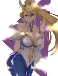  absurdres ahoge animal_ears artoria_pendragon_(fate) artoria_pendragon_(swimsuit_ruler)_(fate) bare_shoulders blonde_hair blue_pantyhose blush braid breasts cleavage clothing_cutout detached_collar fate/grand_order fate_(series) feather_boa female fishnet_pantyhose fishnets french_braid green_eyes hair_between_eyes highleg highleg_leotard highres kankitsu_kei large_breasts leotard long_hair looking_at_viewer navel navel_cutout necktie pantyhose playboy_bunny ponytail rabbit_ears sidelocks smile solo thighs tiara white_leotard wrist_cuffs 