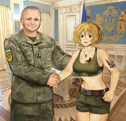  arm_tattoo azov_battalion bare_shoulders blonde_hair blush breasts brown_eyes camouflage chest_tattoo cleavage coat_of_arms commentary crop_top cross digital_camouflage english_commentary female green_shorts green_sports_bra handshake highres indoors jewelry large_breasts latin_cross long_sleeves looking_at_viewer marichka medium_hair meme military military_uniform navel necklace oerba_yun_fang original patch politics real_life russo-ukrainian_war shorts shoulder_patch skin_fang sports_bra stomach tattoo the_office translated trident_print tryzub ukrainian_flag ukrainian_text uniform usergore valerii_zaluzhnyi young_michael_scott_shaking_ed_truck&#039;s_hand_(meme) 