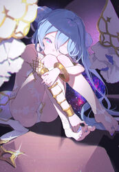  absurdres ass bare_shoulders barefoot blue_eyes blue_hair blush breasts chinese_commentary commission double_bun eyelashes feet female full_body hair_between_eyes hair_bun half-closed_eye head_rest highres jewelry legs long_hair looking_at_viewer luelue_zi multicolored_eyes nail_polish on_floor one_eye_closed original panties purple_eyes purple_nails qiya_(kia_098) ring sitting small_breasts solo toenail_polish toenails toes underwear very_long_hair white_panties 