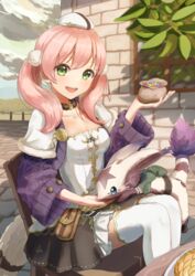  animal apple_pie atelier_(series) atelier_escha_&amp;_logy atyao-299 belt_pouch blush braid breasts brown_skirt choker cleavage creature escha_malier feeding female food green_eyes hat highres holding homura_(atelier) long_hair long_sleeves looking_at_viewer on_chair open_mouth pie pink_hair pouch sitting skirt smile tail thighhighs twintails zettai_ryouiki 