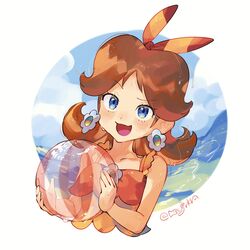  absurdres ball beach beachball blue_eyes brown_hair casual_one-piece_swimsuit earrings female flipped_hair flower_brooch flower_earrings hanaon highres jewelry mario_(series) mario_kart mario_kart_tour medium_hair one-piece_swimsuit orange_headwear orange_one-piece_swimsuit parted_bangs princess_daisy princess_daisy_(swimwear) signature smile solo swimsuit 