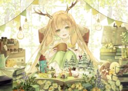  animare blonde_hair book chair character_request cup deer_girl female flower green_eyes green_skirt highres holding holding_cup horns lamp long_hair long_sleeves looking_at_viewer moomin nanashi_inc. open_book open_mouth shirt sitting skirt solo stuffed_animal stuffed_rabbit stuffed_toy teeth tsukinoki_tirol upper_teeth_only virtual_youtuber white_shirt yoggi_(stretchmen) 