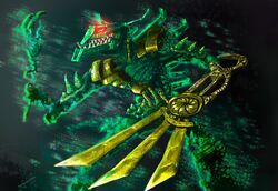  absurd_res armor bionicle digital_drawing_(artwork) digital_media_(artwork) gold_body green_body hi_res humanoid lego machine melee_weapon multicolored_body not_furry open_mouth pavelppp piraka protodite robot sharp_teeth simple_background skakdi smile solo standing sword teeth tongue tongue_out two_tone_body weapon zaktan 