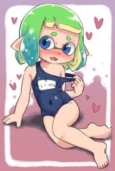  bare_arms bare_legs bare_shoulders barefoot blue_eyes blue_hair blue_one-piece_swimsuit clothes_pull covered_navel fangs female flat_chest full_body furrowed_brow gradient_hair green_hair heart highres inkling inkling_girl looking_to_the_side multicolored_hair name_tag old_school_swimsuit open_mouth pointy_ears pulled_by_self school_swimsuit short_hair sitting solo splatoon_(series) suction_cups sweat swimsuit swimsuit_pull tentacle_hair two-tone_hair yokozuwari yugmlecpdduukox 