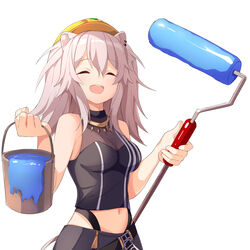  :d ^_^ absurdres ame. animal_ears bare_arms bare_shoulders black_shirt black_shorts breasts bucket cleavage closed_eyes commentary_request crop_top facing_viewer female grey_hair hard_hat helmet highres holding holding_bucket hololive lion_ears lion_girl lion_tail long_hair medium_breasts midriff navel open_mouth paint_can paint_roller see-through see-through_cleavage shirt shishiro_botan shishiro_botan_(1st_costume) shorts simple_background sleeveless sleeveless_shirt smile solo tail teeth two_side_up upper_teeth_only virtual_youtuber white_background yellow_headwear 