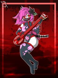  anthro biomechanical clothing derthevaporeon dull_eyes face_mask female floral_pattern generation_4_pokemon gracidea_flower hair hi_res katana keikogi land_forme_shaymin legendary_pokemon martial_arts_uniform melee_weapon musical_instrument ninja nintendo pink_hair pokemon pokemon_(species) ranged_weapon red_eyes shaymin shuriken solo sportswear sword uniform warrior weapon wrist_guards 