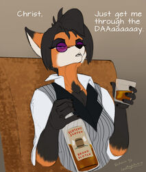  2019 alcohol anthro beverage bottle breasts canid canine chair clothing container dialogue english_text eyewear female fox furniture glasses hair herm_(lore) hi_res holding_bottle holding_container holding_glass holding_object lord_magicpants mammal open_mouth round_glasses short_hair solo text unprofessional_behavior victoria_(ibengmainee) whiskey 