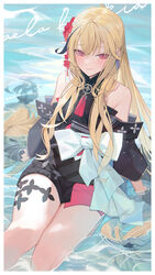  absurdres bare_shoulders black_hair blonde_hair blush bow detached_sleeves female highres hololive hololive_indonesia japanese_clothes kaela_kovalskia kaela_kovalskia_(new_year) kimono long_hair looking_at_viewer lser116 multicolored_hair obi official_alternate_costume partially_submerged red_eyes sash sitting solo streaked_hair thighs virtual_youtuber water 