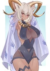  absurdres animal_ears ankh_necklace arknights arms_up black_one-piece_swimsuit breasts carnelian_(arknights) carnelian_(shimmering_dew)_(arknights) casual_one-piece_swimsuit covered_navel dark-skinned_female dark_skin female grey_hair highres horns large_breasts one-piece_swimsuit red_eyes shino_duka smile swimsuit 