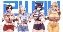  4girls absurdres aestheticc-meme ahoge animal_ears artist_name ass_visible_through_thighs bare_shoulders bike_shorts black_hair blake_belladonna blonde_hair blue_eyes breasts cat_ears cellphone_photo closed_mouth compression_sleeve elbow_pads english_text gloves gradient_hair grey_eyes hand_on_own_face high_ponytail highres holding holding_phone huge_breasts large_breasts long_hair looking_at_viewer medium_breasts midriff multicolored_hair multiple_girls navel open_mouth phone ponytail purple_eyes red_hair ruby_rose rwby short_hair shorts simple_background smile sports_bra sportswear sweatband teeth thigh_gap wavy_hair weiss_schnee white_hair white_sports_bra yang_xiao_long yellow_eyes 