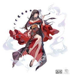  absurdres bare_shoulders benyue_xiao_kui black_collar black_footwear black_hair black_kimono blue_eyes blunt_bangs blunt_ends breasts chinese_commentary cleavage collar commentary_request female final_fantasy final_fantasy_xiv floating floating_hair flower full_body hair_flower hair_ornament hair_stick hand_up highres holding holding_smoking_pipe hyur inrou japanese_clothes kimono kiseru knee_up lace_collar long_hair looking_at_viewer mole mole_under_mouth moon_phases obi obiage obijime off_shoulder okobo parted_lips sandals sash simple_background smile smoke smoking_pipe solo tachi-e tassel two-sided_fabric watermark weibo_logo weibo_watermark white_background wide_sleeves yotsuyu_goe_brutus 