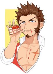  1boy bad_id bad_twitter_id bite_mark blue_eyes blush brown_hair cake cropped_torso cross_scar facial_hair fate/grand_order fate_(series) food food_on_body food_on_face goatee hand_up holding holding_cake holding_food large_pectorals licking_lips long_sideburns looking_at_viewer male_focus muscular muscular_male nantaimori napoleon_bonaparte_(fate) navel partially_unbuttoned pectoral_cleavage pectorals scar scar_on_chest shitappa short_hair sideburns solo strawberry_shortcake tongue tongue_out upper_body 