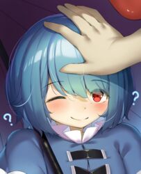  ? blue_hair blue_vest blush clip_studio_paint_(medium) closed_mouth commentary_request eyes_visible_through_hair female hair_between_eyes headpat holding holding_umbrella one_eye_closed piyodesu red_eyes short_hair smile solo_focus tatara_kogasa tongue touhou umbrella vest 