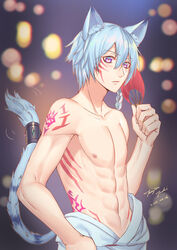  1boy animal_ear_fluff animal_ears blue_hair blurry blurry_background body_markings braid closed_mouth collarbone crash_fever dated enkidu_(crash_fever) facial_mark fingernails hair_between_eyes hand_fan hand_on_own_hip holding holding_fan jewelry light_blue_hair looking_at_viewer male_focus male_swimwear navel nipples purple_eyes signature slit_pupils solo swim_briefs swimsuit tail tail_ornament tail_ring tenjou_tsuki topless_male 