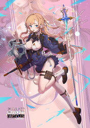  aqua_eyes bad_id bad_pixiv_id blonde_hair bow bowtie bracelet breasts clothing_request commentary commentary_request dragon dress earrings elf english_text female hairbow holding jewelry long_hair looking_at_viewer open_mouth original pink_background pointing pointy_ears sheath sheathed shoes sparkle staff sword tail tajima_ryuushi tongue weapon wings wristband 