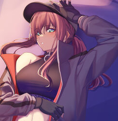  3_small_spiders absurdres ar-57_(girls&#039;_frontline) black_gloves black_tank_top blue_eyes blush breasts commentary_request crop_top earrings female fingerless_gloves girls&#039;_frontline gloves hair_between_eyes hair_ornament hand_on_own_head hand_on_own_stomach highres jacket jewelry long_hair looking_at_viewer lying medium_breasts on_back open_clothes open_jacket open_mouth pink_hair simple_background solo stud_earrings tank_top upper_body white_headwear white_jacket 