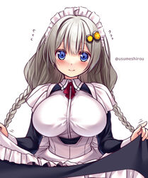  alternate_costume apron black_dress blue_eyes braid breasts clothes_lift collared_dress dress dress_lift enmaided female flying_sweatdrops frilled_apron frilled_dress frills grey_hair hair_between_eyes hair_ornament kizuna_akari large_breasts long_hair long_sleeves low_twintails maid maid_headdress out-of-frame_censoring shirt simple_background solo star_(symbol) twin_braids twintails twitter_username usume_shirou very_long_hair voiceroid white_apron white_background white_shirt 