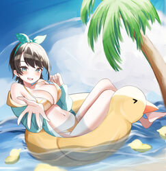  absurdres aqua_eyes bad_id bad_pixiv_id bare_shoulders barefoot bikini blush breasts brown_hair cleavage commentary female foreshortening from_side highres hololive hood hoodie inflatable_duck innertube large_breasts looking_at_viewer misa_(64649324) navel official_alternate_costume oozora_subaru oozora_subaru_(hololive_summer_2019) open_clothes open_hoodie open_mouth outdoors palm_tree reaching reaching_towards_viewer short_hair smile solo strap_pull striped_bikini striped_clothes swept_bangs swim_ring swimsuit symbol-only_commentary thighs tree virtual_youtuber water 