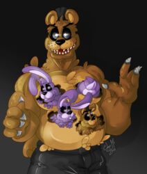  anthro bear bottomwear clothed clothing conditional_dnp denim denim_bottomwear denim_clothing five_nights_at_freddy&#039;s five_nights_at_freddy&#039;s_4 freddles_(fnaf) frots gesture hat headgear headwear internal jeans lagomorph leporid male mammal nightmare_bonnie_(fnaf) nightmare_freddy_(fnaf) pants rabbit scottgames top_hat topless waving waving_at_viewer waving_hand 