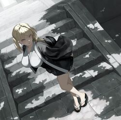  absurdres black_skirt blonde_hair breasts collarbone commentary commission earrings egk513 female flip-flops from_above full_body highres japanese_clothes jewelry koitsu_(alb) korean_commentary large_breasts leaning_forward legs_together long_sleeves looking_at_viewer lower_teeth_only medium_hair miniskirt okobo open_clothes open_mouth original outdoors sandals skirt solo stairs teeth tree_shade twintails wide_sleeves yellow_eyes 