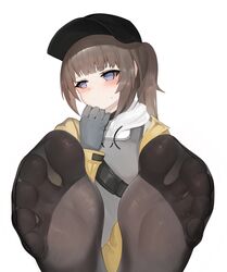  bad_id bad_pixiv_id baseball_cap black_hat blue_eyes blush brown_hair commentary_request dima_(girls&#039;_frontline) dokomon feet female foot_focus girls&#039;_frontline gloves grey_gloves hat highres korean_commentary long_hair long_sleeves no_shoes pantyhose simple_background soles solo toes tom_clancy&#039;s_the_division white_background 