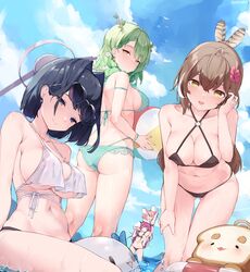  5girls absurdres alternate_costume animal_ears antlers armband ass ball bare_shoulders beachball bikini black_bikini black_hair blue_eyes blue_hair blush bracelet braid braided_bangs branch breasts brown_eyes butt_crack ceres_fauna cleavage closed_eyes collarbone commentary ear_piercing earrings english_commentary flower food from_behind green_bikini green_hair green_nails hair_between_eyes hair_flower hair_intakes hair_ornament hakos_baelz halterneck heterochromia highres holocouncil hololive hololive_english horns index_finger_raised irys_(hololive) jewelry large_breasts leaning_forward long_hair looking_at_viewer mole mole_under_eye mouse_ears mouse_girl mouse_tail multicolored_hair multiple_girls nail_polish namiorii nanashi_mumei navel open_mouth ouro_kronii piercing popsicle purple_eyes purple_hair red_hair sanallite_(tsukumo_sana) short_hair sideboob smile stomach strap_gap streaked_hair string_bikini swimsuit tail twintails underboob virtual_youtuber white_hair yellow_eyes 