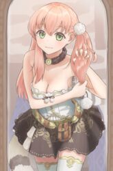  absurdres atelier_(series) atelier_escha_&amp;_logy atyao-299 bare_shoulders belt_pouch blush braid breasts brown_skirt brushing_hair brushing_own_hair choker cleavage closed_mouth escha_malier female green_eyes highres large_breasts long_hair looking_at_viewer mirror pink_hair pouch side_braid skirt smile solo standing tail thighhighs twintails zettai_ryouiki 