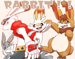  ambiguous_gender anthro buckteeth bugs_bunny clothed clothing feral fur generation_8_pokemon group hare_(monster_rancher) king_kazma lagomorph leporid looney_tunes male mammal monster_farm nintendo pokemon pokemon_(species) rabbit red_eyes scorbunny summer_wars tecmo teeth tooboe_huusuke warner_brothers white_body white_fur 