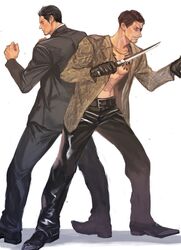  2boys abs alternate_costume aomi_nekosuki belt belt_buckle black_belt black_footwear black_hair black_pants buckle chains clenched_hands dagger eyepatch full_body gold_chain highres holding holding_knife holding_weapon irezumi jewelry kiryu_kazuma knife leather leather_pants majima_goro multiple_boys necklace official_alternate_costume open_clothes pants ryuu_ga_gotoku ryuu_ga_gotoku_(series) ryuu_ga_gotoku_7 shirt snake_print tattoo teamwork weapon white_background white_shirt 