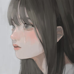  absurdres blunt_bangs blush brown_eyes brown_hair commentary crying crying_with_eyes_open english_commentary eyelashes female grey_background highres lips long_hair nose original parted_lips portrait simple_background solo tears yudouhu_(yudouhu_yu_102) 