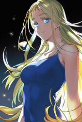  arms_at_sides backlighting bare_arms bare_shoulders black_background blonde_hair blue_eyes blue_one-piece_swimsuit breasts chinese_commentary closed_mouth colored_eyelashes commentary_request competition_school_swimsuit female floating floating_object from_side gradient_background highres jewelry kanngetsuan kofune_ushio light_particles long_hair looking_at_viewer medium_breasts mixed-language_commentary necklace one-piece_swimsuit school_swimsuit seashell shell shell_necklace smile solo summertime_render swimsuit upper_body very_long_hair 