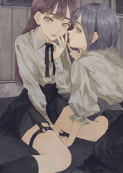  2girls black_ribbon black_skirt blouse brown_eyes closed_mouth collared_shirt commentary_request garter_straps hand_up highres kneeling long_hair long_sleeves looking_at_viewer multiple_girls neck_ribbon original parted_lips purple_hair red_hair ribbon school_uniform shirt short_hair sitting skirt thigh_strap wariza white_shirt yudouhu_(yudouhu_yu_102) 