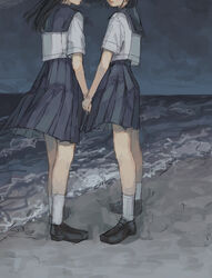  2girls absurdres beach black_footwear black_hair black_sailor_collar black_skirt commentary_request head_out_of_frame highres holding holding_hands long_hair looking_back multiple_girls night ocean original outdoors overcast pleated_skirt sailor_collar school_uniform serafuku shirt short_hair short_sleeves skirt sky socks standing white_legwear white_shirt yudouhu_(yudouhu_yu_102) 