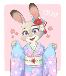  anthro asian_clothing border cheek_tuft clothed clothing disney east_asian_clothing facial_tuft fully_clothed fur grey_body grey_fur head_tuft japanese_clothing judy_hopps kaho kimono lagomorph leporid mammal open_mouth open_smile pink_background purple_eyes rabbit signature simple_background smile solo tuft white_border zootopia 